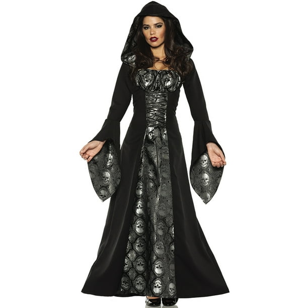 Skull Mistress Womens Black Gothic Witch Hooded Robe Halloween Costume ...