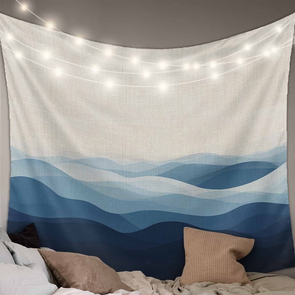 Blue Beige Ombre Large Tapestry for Bedroom Wall Hanging Tapestry, Minimalist Ocean Waves Linen Ceiling Backdrop Tapestries Poster Blanket Wall Decor for Teens Room Living Room Dorm 85" x 90"