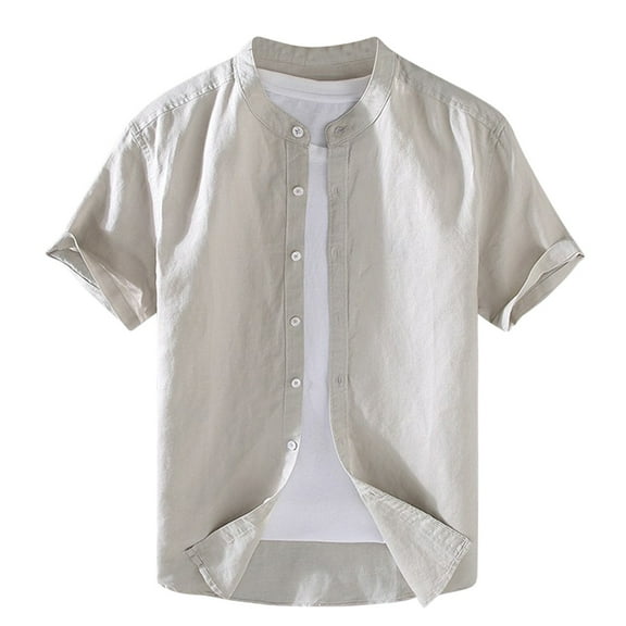 AHTJRT Men's Casual Short Sleeve Button Down Shirt Lightweight Breathable Classic Fit Mandarin Collar Tees Beige M
