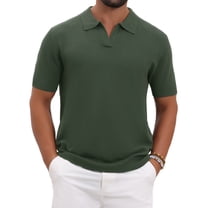 Men's Textured Knit Polo Shirt V Neck Short Sleeve Casual Golf Polo Shirt XL Olive Green