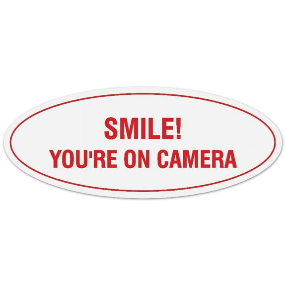 Signs ByLITA Oval Smile You're on Camera Sign - Laser-Engraved Lettering | Durable ABS Plastic | Vibrant Colors | Powerful Foam Tape (White/Red) - Large