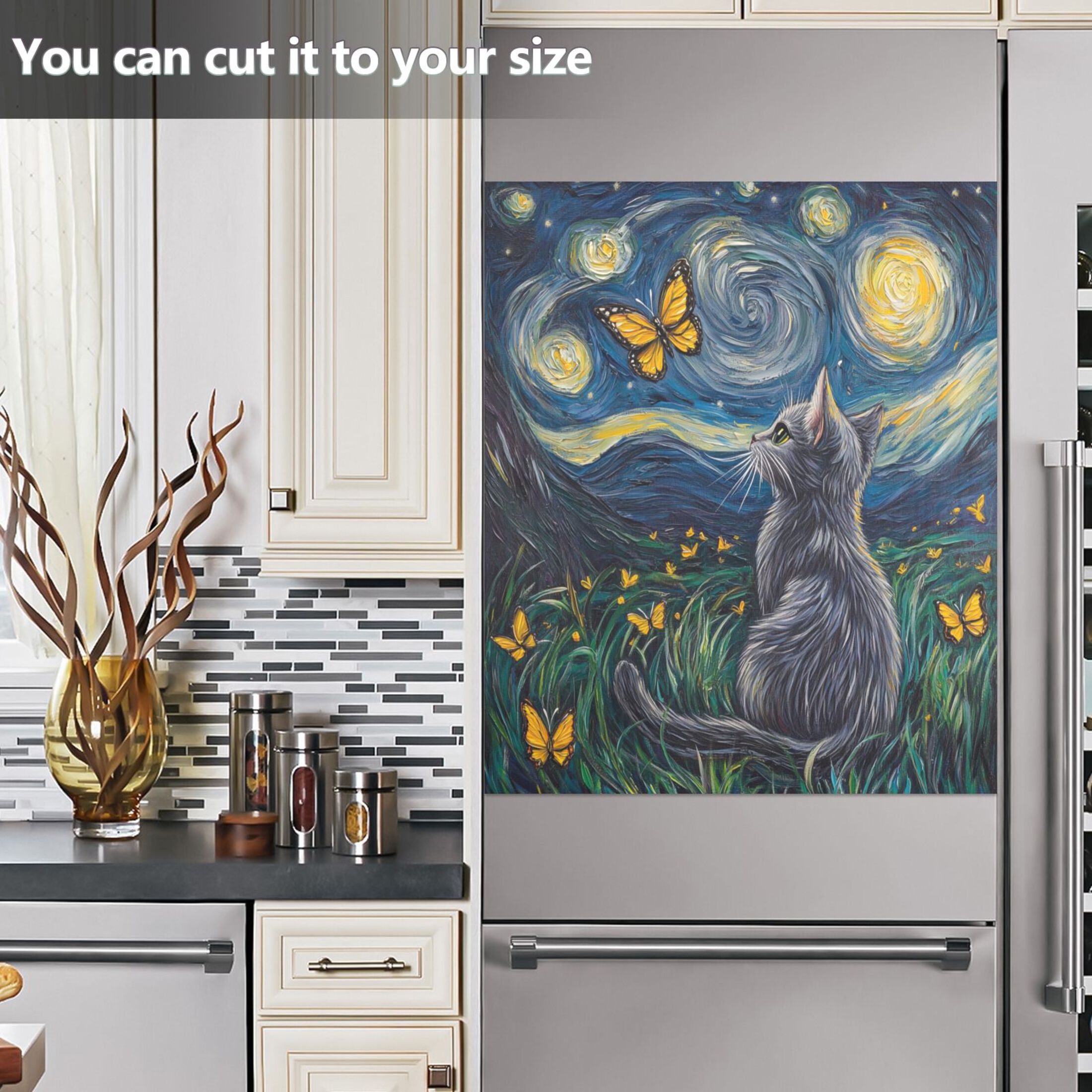 Dishwasher Magnetic Sticker 23x26 Inch Refrigerator Magnetic Sticker Washing Machine Magnetic Sticker Kitchen Panel Magnetic Sticker Home Decor Starry Sky Cartoon Cat
