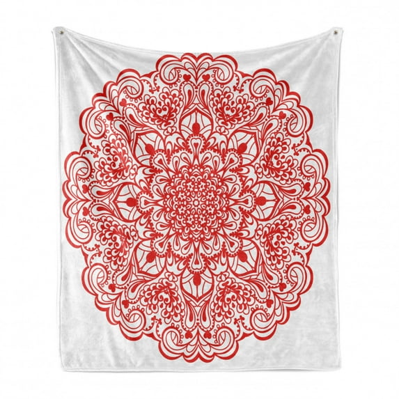 Mandala Soft Flannel Fleece Throw Blanket, Lace Inspired Motifs Flourishing Nature Theme Ornate Curves and Swirls, Cozy Plush for Indoor and Outdoor Use, 50" x 70", Orange, by Ambesonne