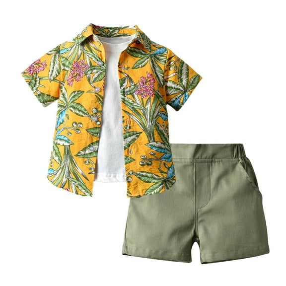 Paokuoon Toddler Infant Boys Outfit Set Hawaiian Shorts Set with Button Flower Shirt and Solid Color T-Shirt Summer Clothes for 9M-5T