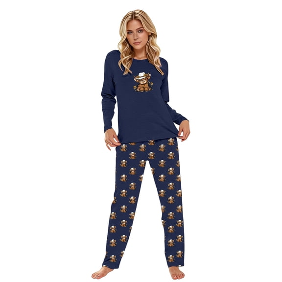 Womens Pajamas Set Highland Cattle Printed Long Sleeve Shirts Loose Pants Sleepwear Homewear