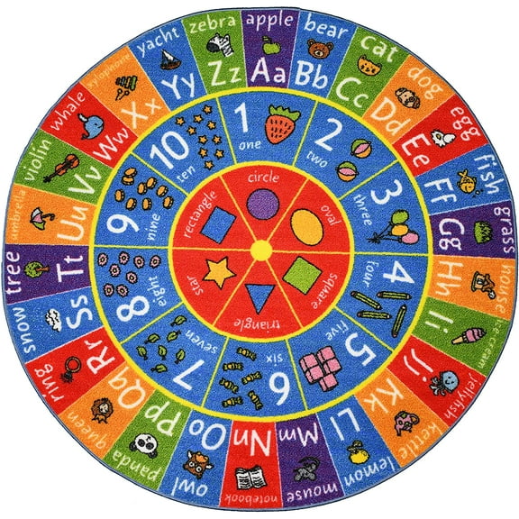 KC Cubs Playtime Collection ABC Alphabet, Numbers and Shapes Educational Learning & Game Area Round Circle Rug Carpet for Kids and Children Bedrooms and Playroom
