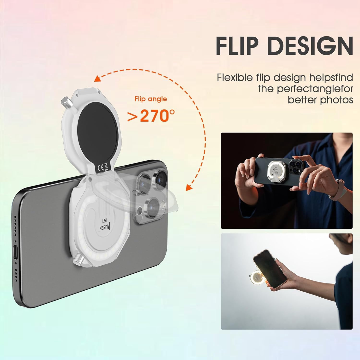 WUBEN E1 Magnetic Selfie Light, USB-Rechargeable LED Phone Light, 3000-6000K Adjustable Color Temperature, Portable Fill Light for Selfies TikTok Video Vlogging (White)