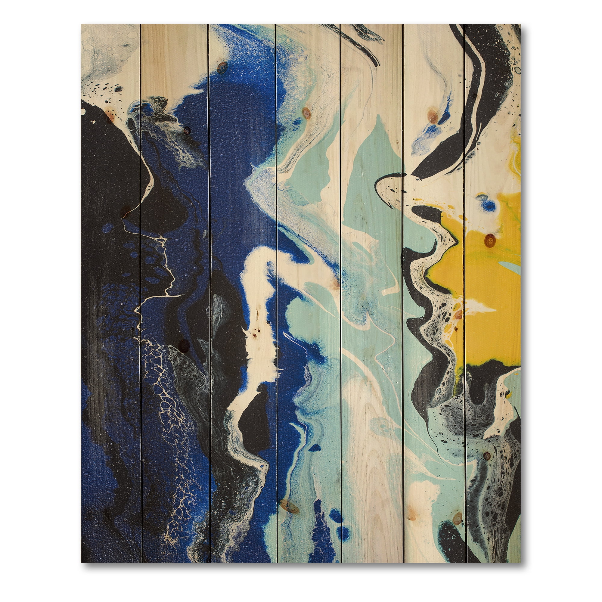 Designart 'Abstract Blue and Yellow Waves' Modern Print on Natural Pine Wood
