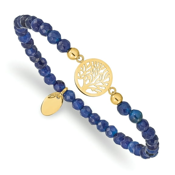 Primal Steel Stainless Steel Polished Yellow IP-plated Tree of Life Blue Jade Stretch Bracelet