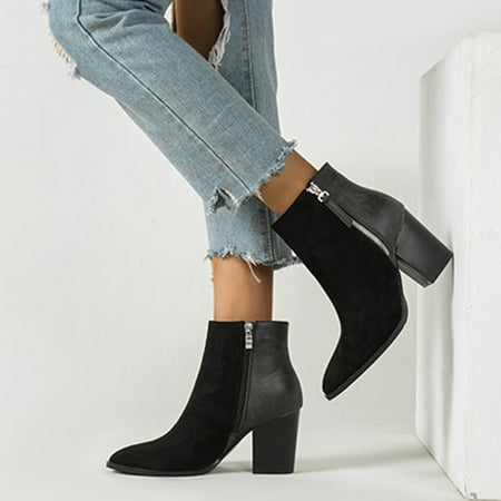 

UTTOASFAY Women S Boots Clearance Women Ankle Boots Pointed Winter Fashion Square High Heel Flock Zip Shoes Flash Picks