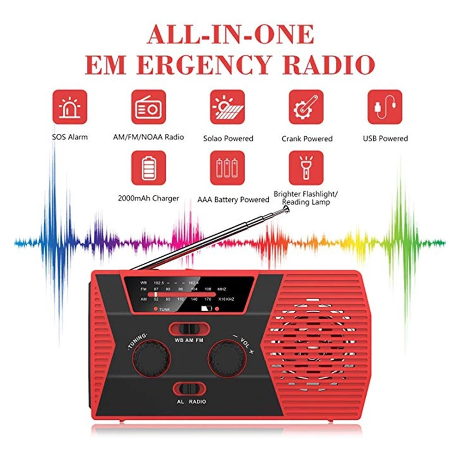 Multifunctional Solar Hand Crank Radio FM AM WB NOAA Weather Radio 2000mAh USB Charging Emergency LED Flashlight Power