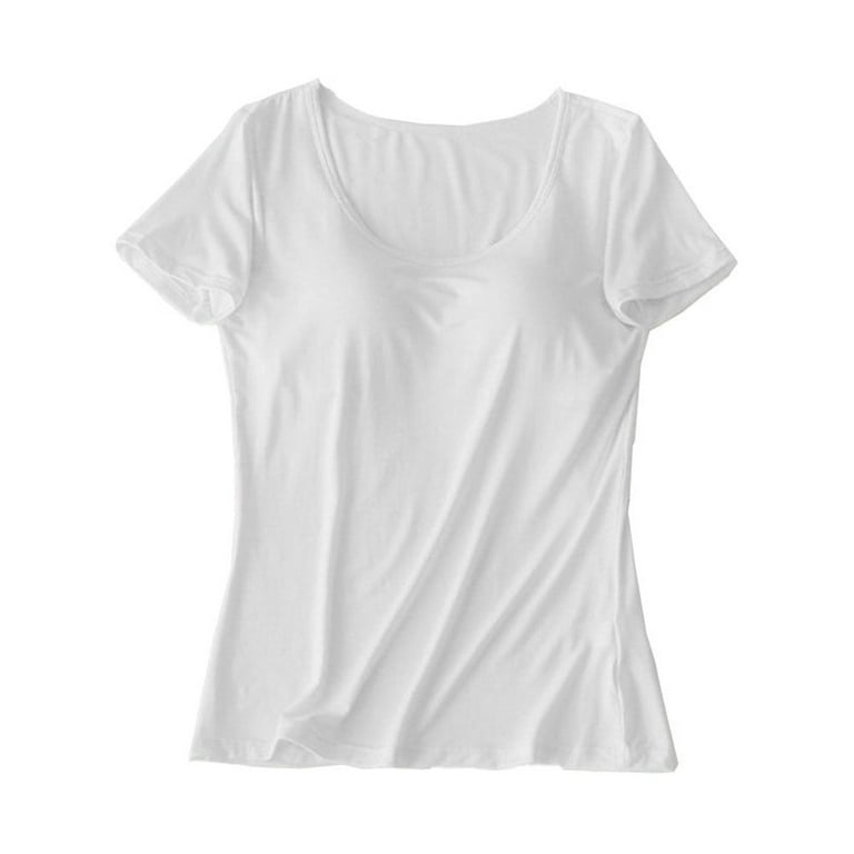 Women's Plus Size Short Sleeve T shirt with Built in Bra and Padded Layer