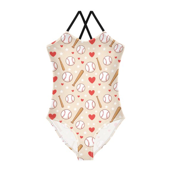 Spaghetti Strap Love Baseball One Piece Swimsuit Stretch Beach Sport Bathing Suit Size 3T-10T