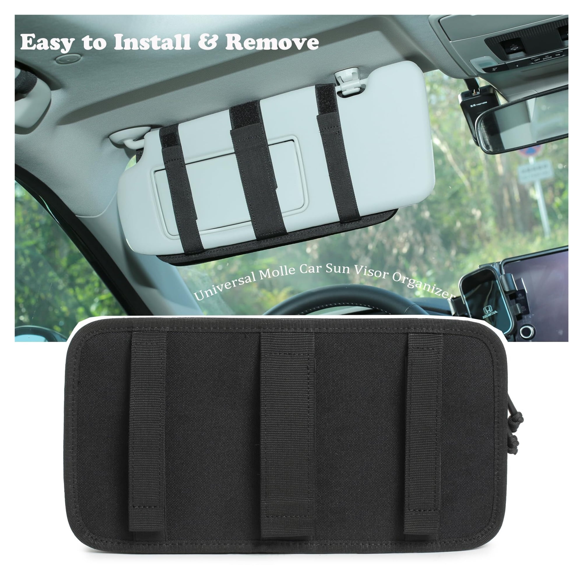 Heavy Duty Molle Car Sun Visor Organizer-Tactical Car Accessories with Zipper Visor Storage Pouch,Glasses Clip and Card Sleeve Pocket, Multi-Pocket Visor Organizer Storage Pouch for Cars SUVs Trucks