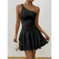 thumbnail image 2 of Women'S One Shoulder Smocked Shirred Tiered Ruffle Sleeveless A-Line Mini Dress Black XS, 2 of 5
