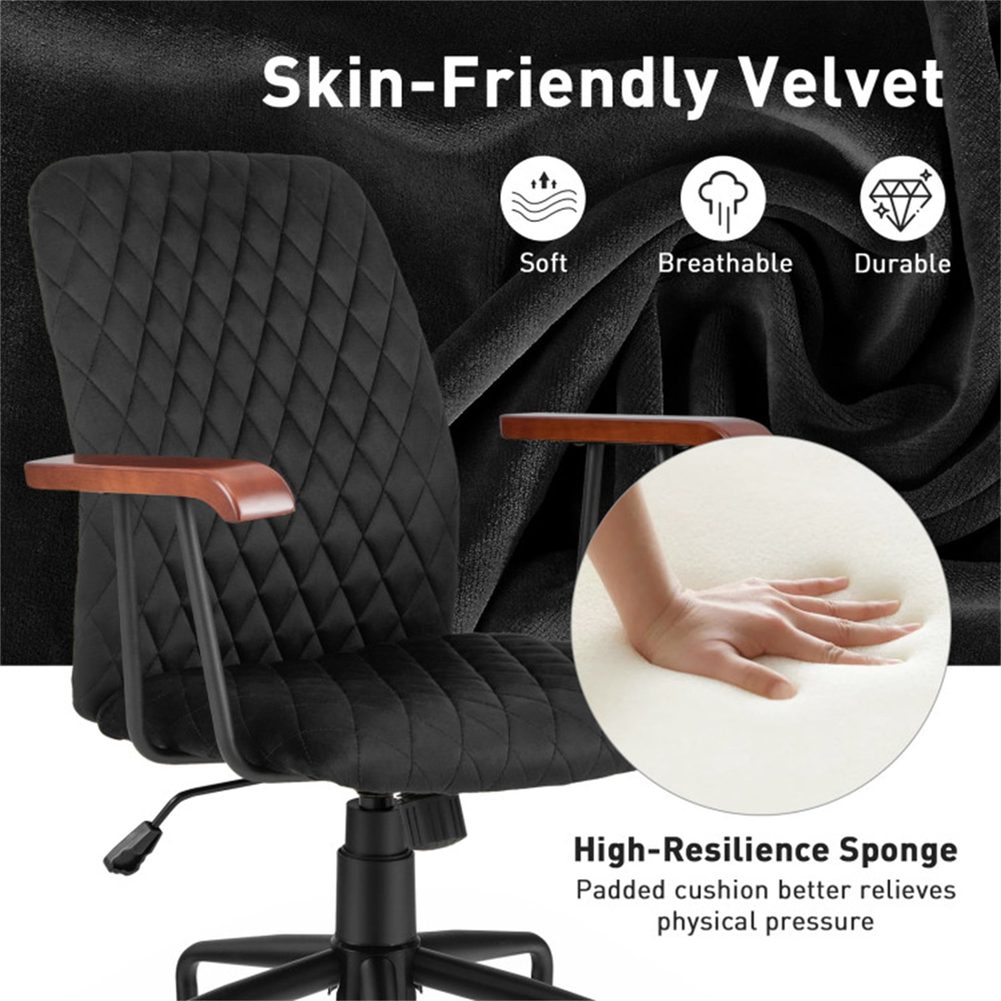 Demi Bonn Velvet Home Office Chair with Wooden Armrest, Rolling Work Computer Desk Chair for Home, Bedroom, Study, Black