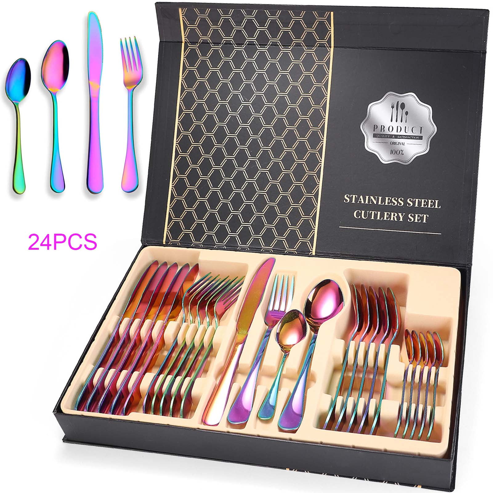 Stainless Steel With Titanium Colorful Plated JASHII Flatware Set 24 Piece Silverware Multicolor Flatware Set Rainbow Color Cutlery Set Service For 6 