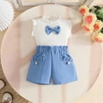 thumbnail image 2 of Xudanell Baby Girl First Birthday Outfit Sleeveless Knitted Bow Top Matching Shorts Set with Double Pocket Summer Sky Blue 3 Years, 2 of 9