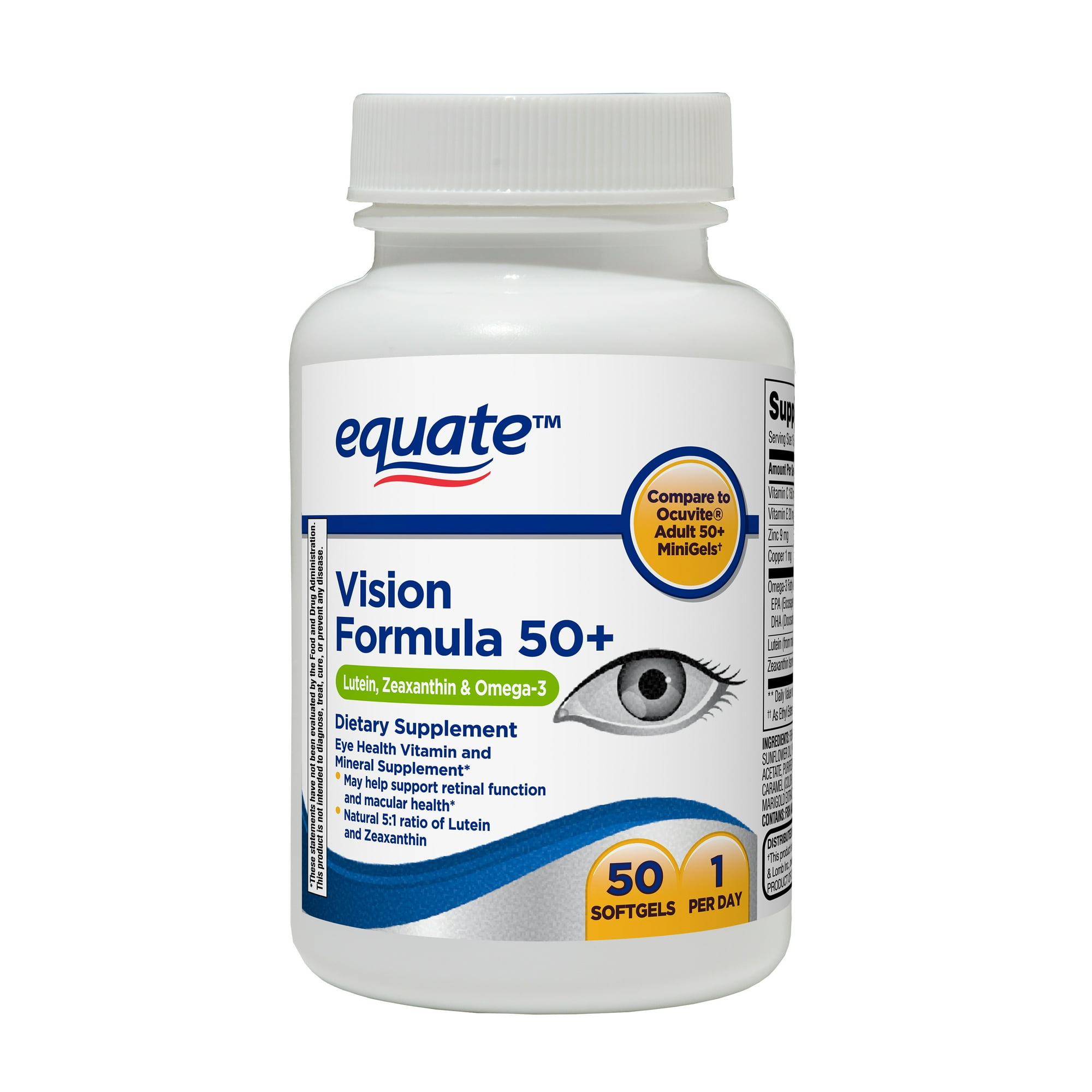 Equate Vision Formula 50+ Dietary Supplement Soft Gels for Eye Health, 50 Count