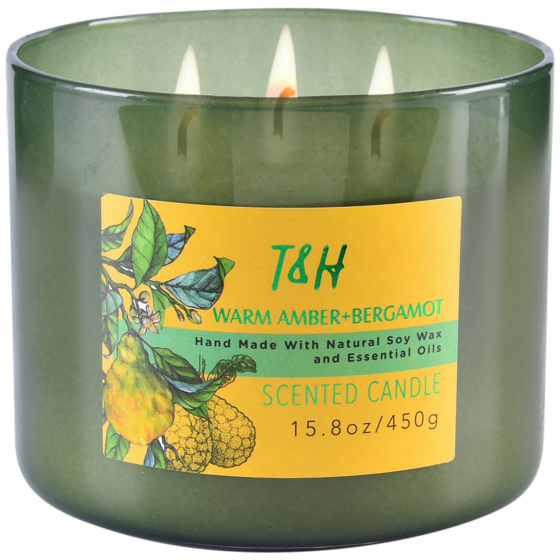Warm Amber Bergamot 3 Wick Candle Natural Soy Wax Candle for Home, 15