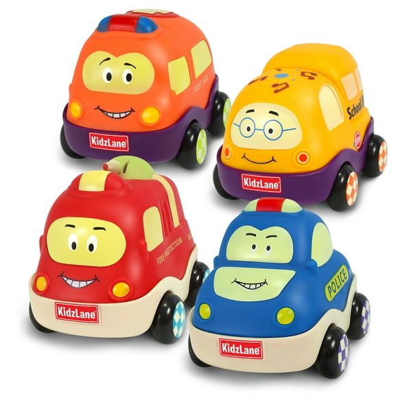 Kidzlane Voitures à Rétrofriction - Ensemble de 4 Véhicules Urbains, Jouets Pousser et Partir Doux et Robustes