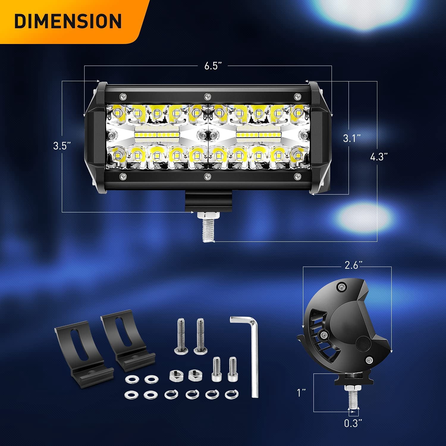 Waywe 2PCS 6.5 Inch 120W Triple Row LED Pods Fog Light Mounting Bracket Horizontal Bar Tube Clamp with 16AWG Off Road Wiring Harness for Truck Golf Cart SUV ATV UTV Boat