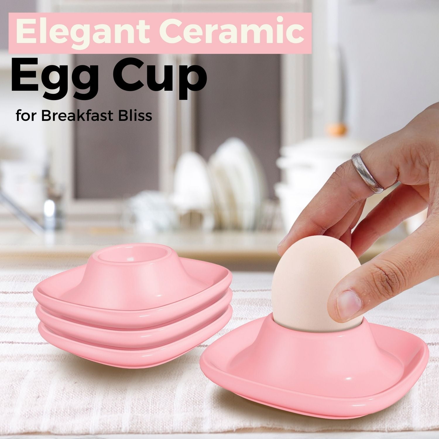 Ceramic Egg Cups Set of 4 Pack, Porcelain Hard Soft Boiled Egg Holder Keeper Container w/ Base, Stackable Serving Dish Plate Stand Serveware for Countertop Display Kitchen (Pink)
