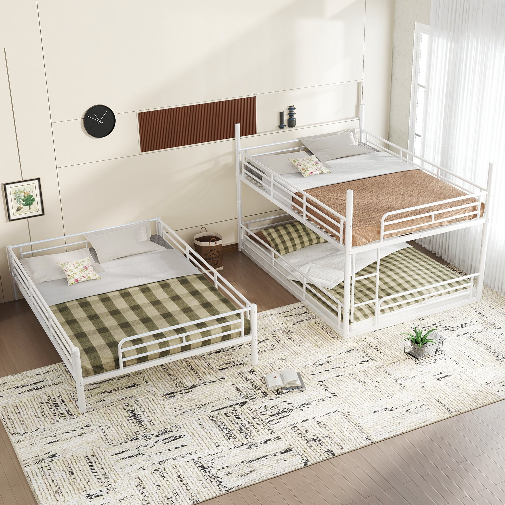 Leumius Queen over Queen over Queen Bunk Bed,Metal Triple Bunk Bed for 3 Kids/Teens,Heavy Duty Triple Bed with Guardrail and Ladder,Separates Into 3 Queen Beds,White