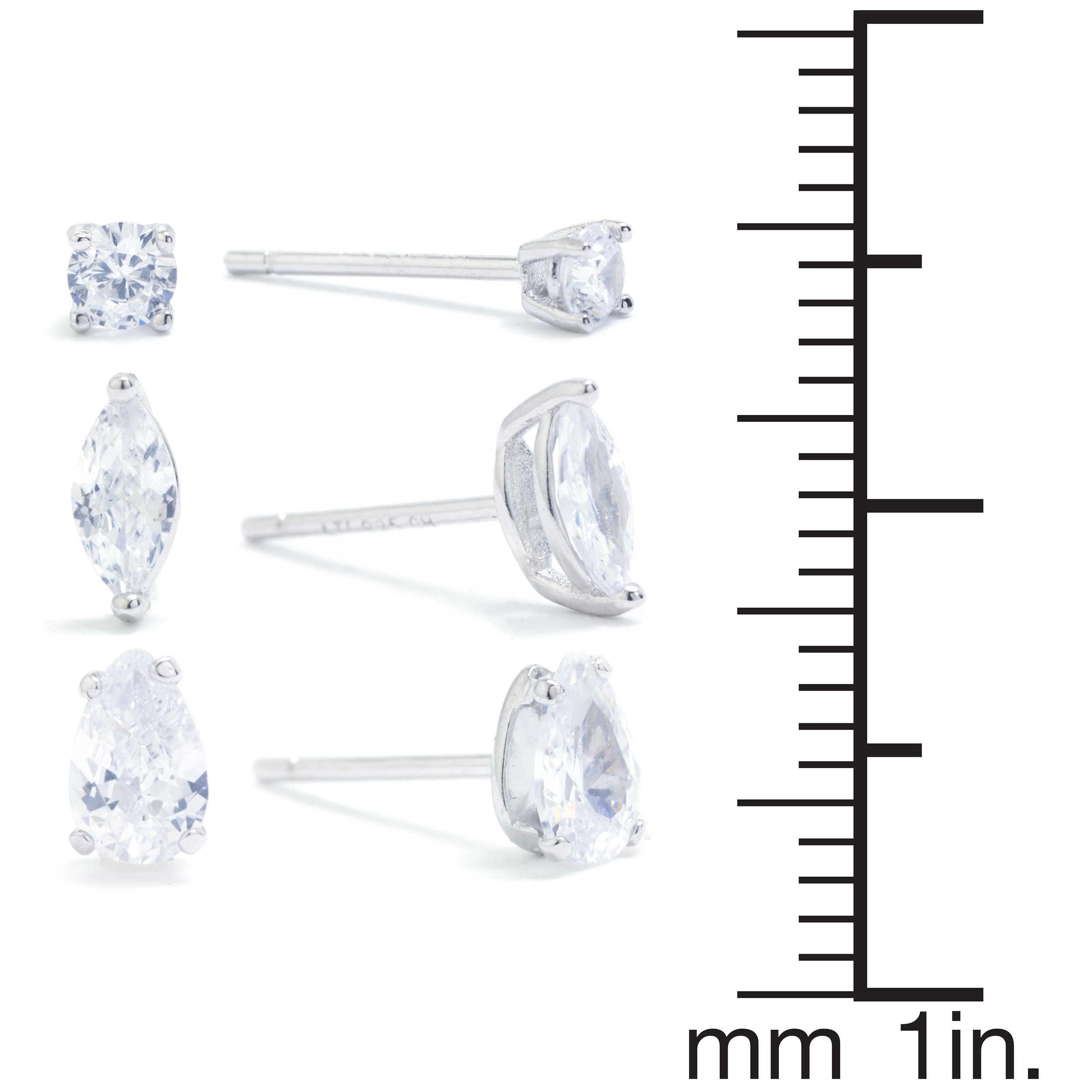 Marisol & Poppy Cubic Zirconia 3-Piece Stud Earrings Set in Sterling Silver for Women & Teens