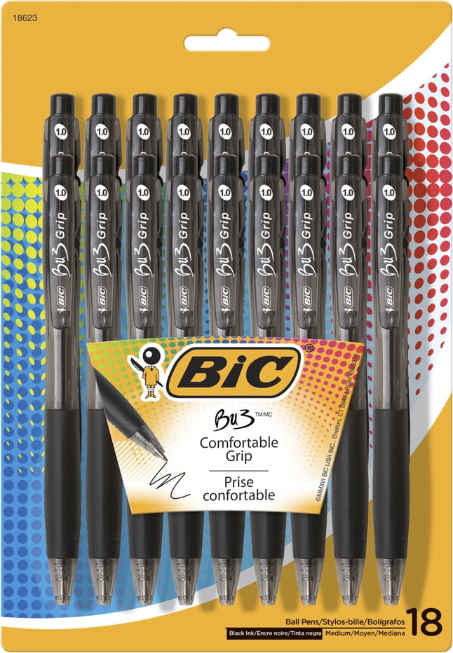 BIC BU3 Grip Ball Point Retractable Pen, Medium Point, Black, 18-Pack