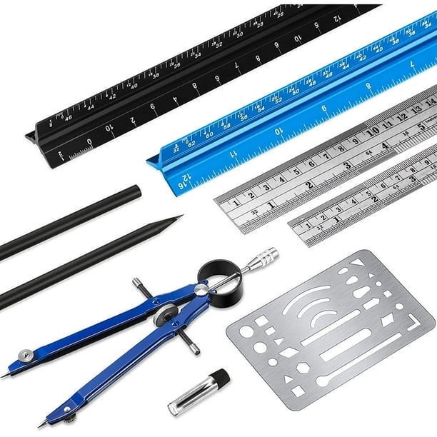 Juego de reglas de escala de arquitecto triangular, regla de escala arquitectónica, regla de escala imperial de 12 pulgadas con regla de acero inoxidable y brújula de metal, kit de medición para dibujo, suministros de papelería para estudiantes Sincero Electrónica