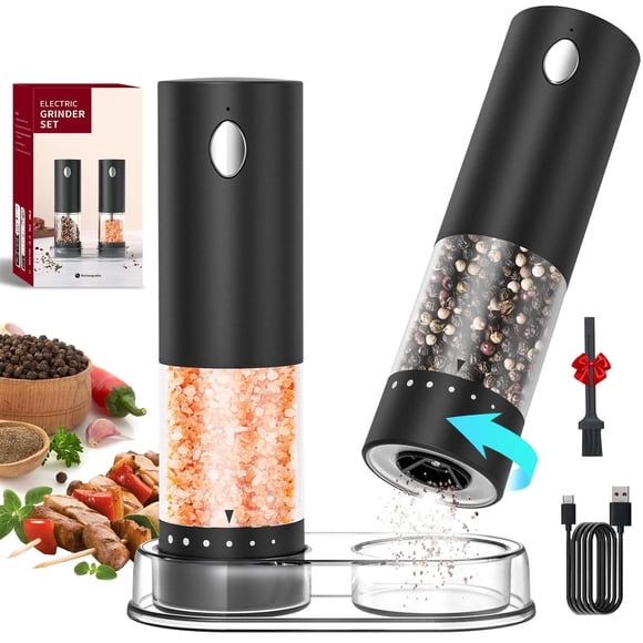 CIRCLE JOY Electric Salt and Pepper Grinder Set with 6 Levels External Adjustable Coarseness, Dustproof Storage Base, Automatic Pepper Mill Shakers S