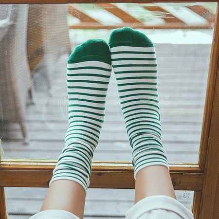 

STEADY Winter Women Warm Stripe Socks Mid Tube Socks Cotton Retro Style Fashion Sock Green