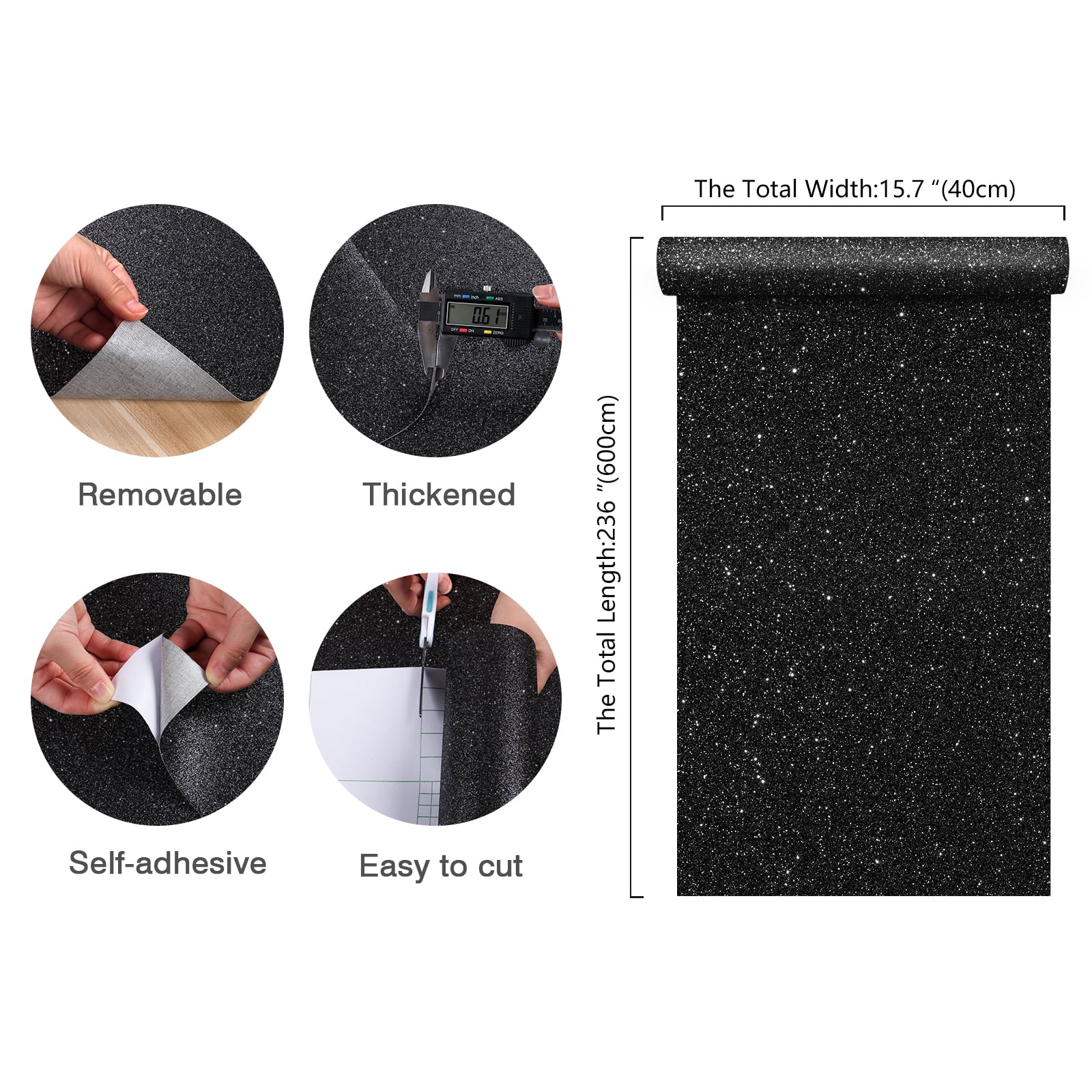 CHIHUT Black Glitter Contact Paper for Kitchen Self Adhesive Black Wallpaper Peel and Stick Wallpaper for Countertops Waterproof Wall Paper Removable Vinyl Roll for Cabinets Walls 15.7''x236''