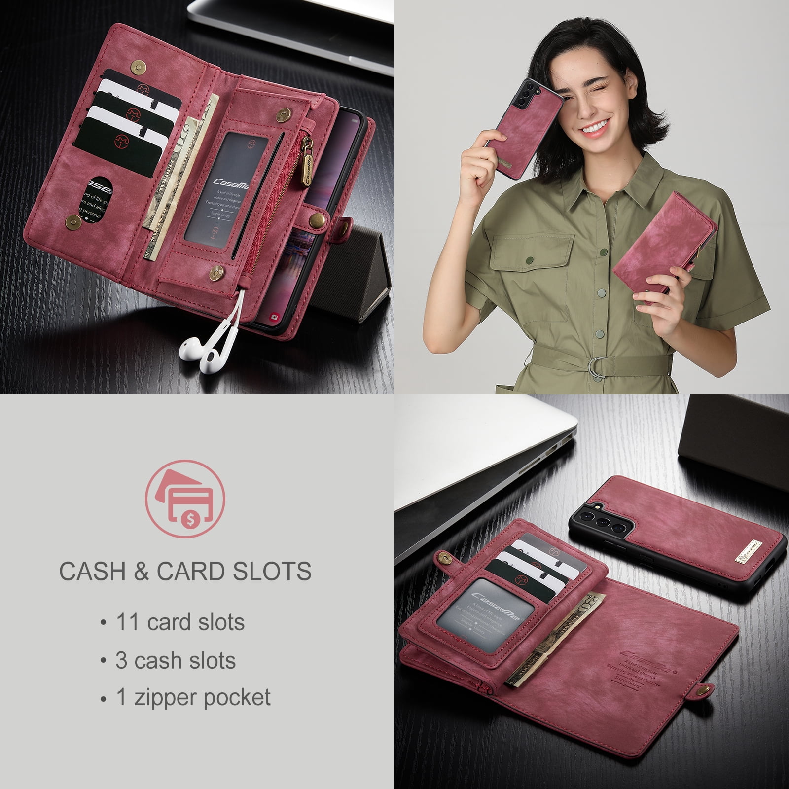 TECH CIRCLE Samsung Galaxy S22 Plus Case,Galaxy S22 Plus Wallet Case with Card Holder Kickstand Zipper Pocket Lanyard Strap Wristlet PU Leather Flip Case Wallet for Galaxy S22 Plus 6.6 inch,Red