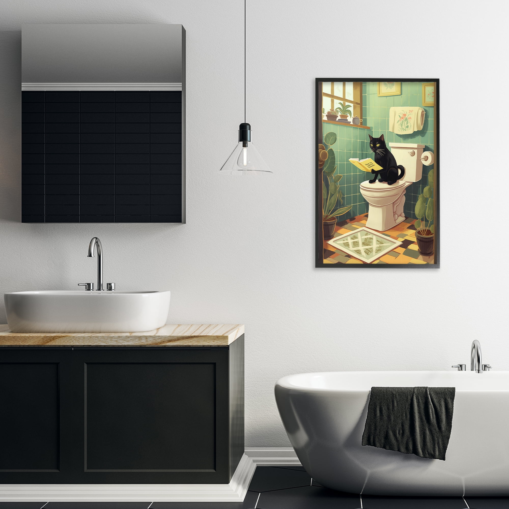 Cat Reading On Toilet Black Framed Giclee Art, design by Andreas Magnusson
