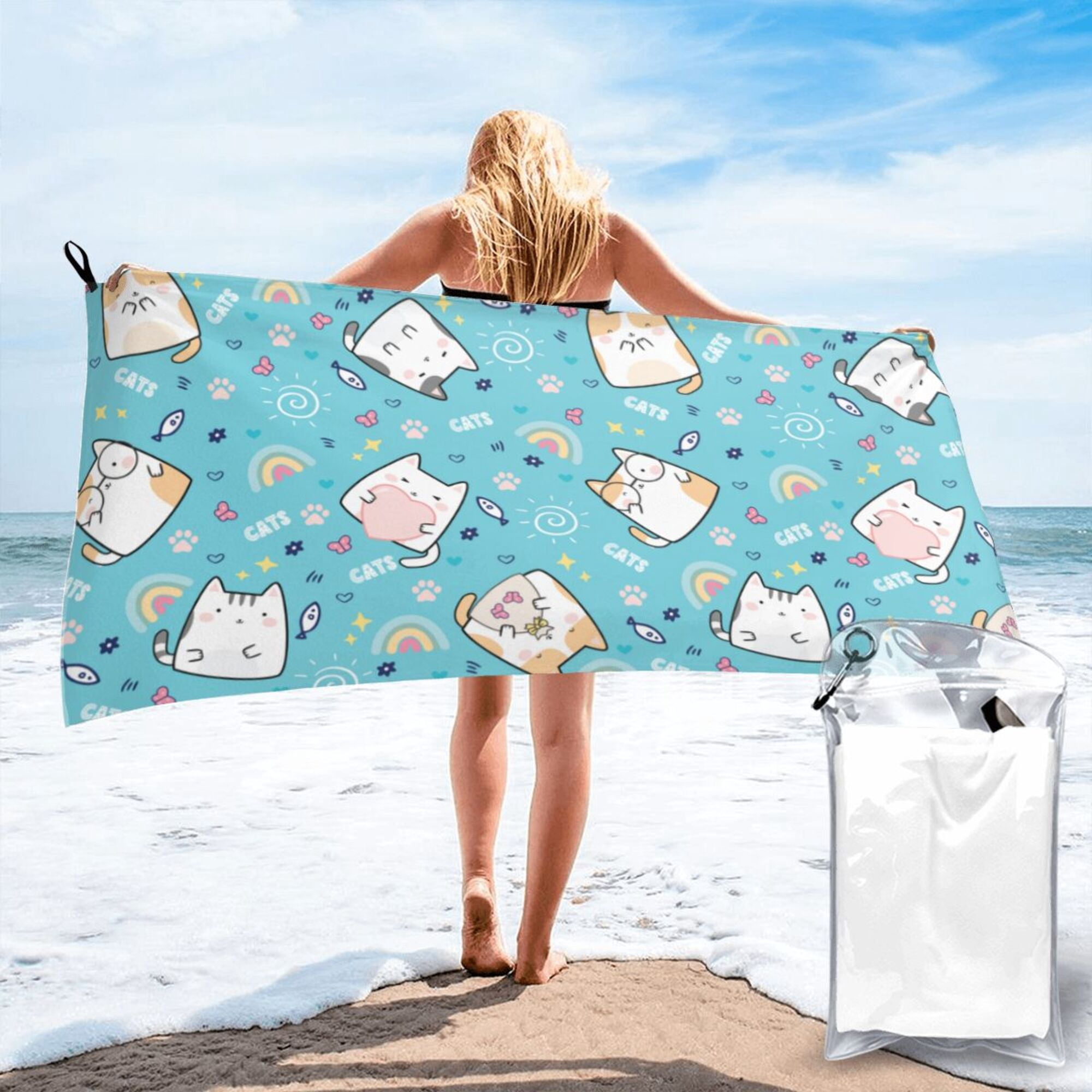 WZOMT Cute Cat Beach Towel - Microfiber, Quick-Dry, Sandproof Oversized Towel 32x52 Inches - View #10