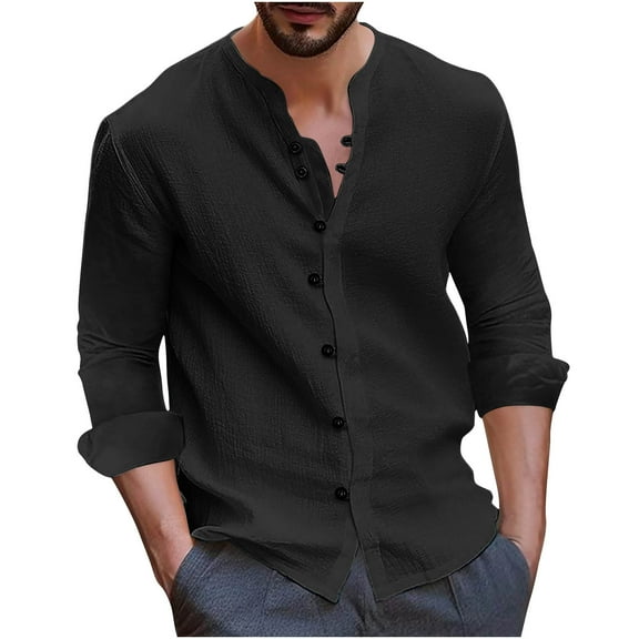 Elainilye Fashion Shirt Button Up Shirt Men Casual Solid Round Neck Button Long Sleeve Shirt Blouse Tops,Black