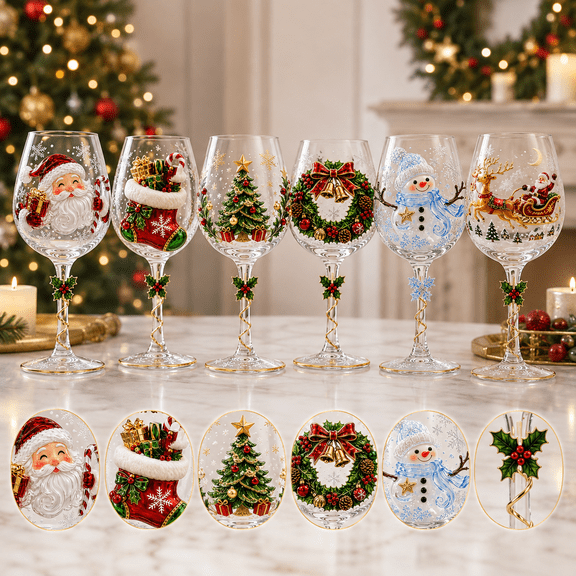 Christmas 3D Wine Glass Collection Gift Box Set, Decorative Raised Christmas Wine Glass with Snowflake Stem, Santa Tree Wreath Snowman Reindeer Holiday Drinkware and Table Decor