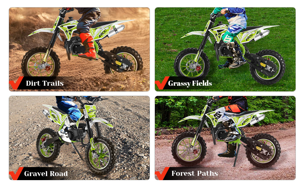 49CC Gas Dirt Bike with 30KM/H Speed, 10-Inch Off-Road Tires & Dual Disc Brakes, 150kg Capacity 2-Stroke Mini Motorcycle for Youth Beginner Riding.