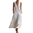 thumbnail image 2 of Women'S Cotton Linen Jumpsuits Sleeveless Wide Legs Button Down Rompers with Pockets White S, 2 of 7