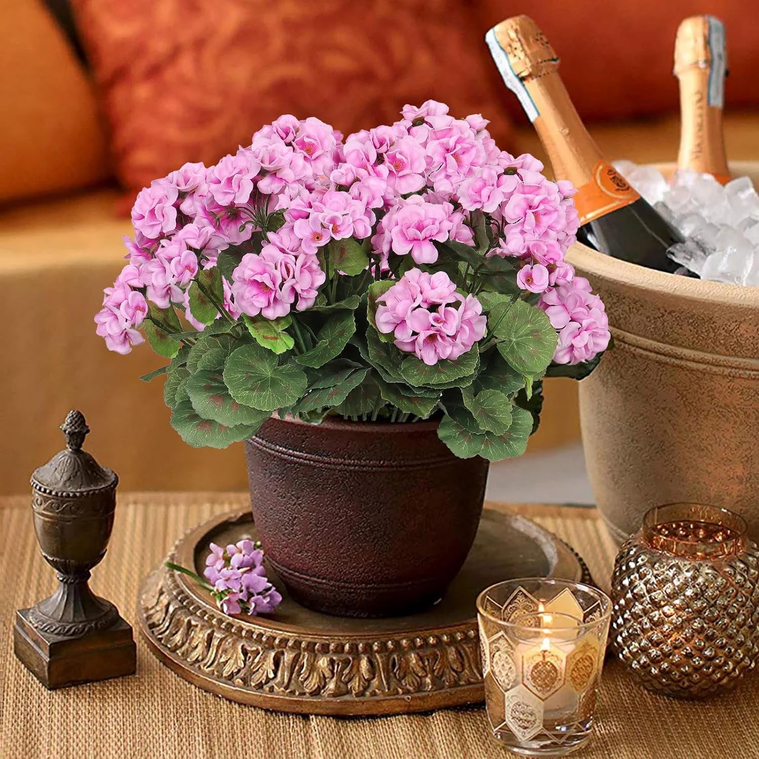 6 Pcs 14'' Artificial Geranium Silk Flower Outdoor UV Resistant Garden Plants Bush Faux Flowers for Home Wedding Kitchen Table Centerpieces Decor(Purple Pink)