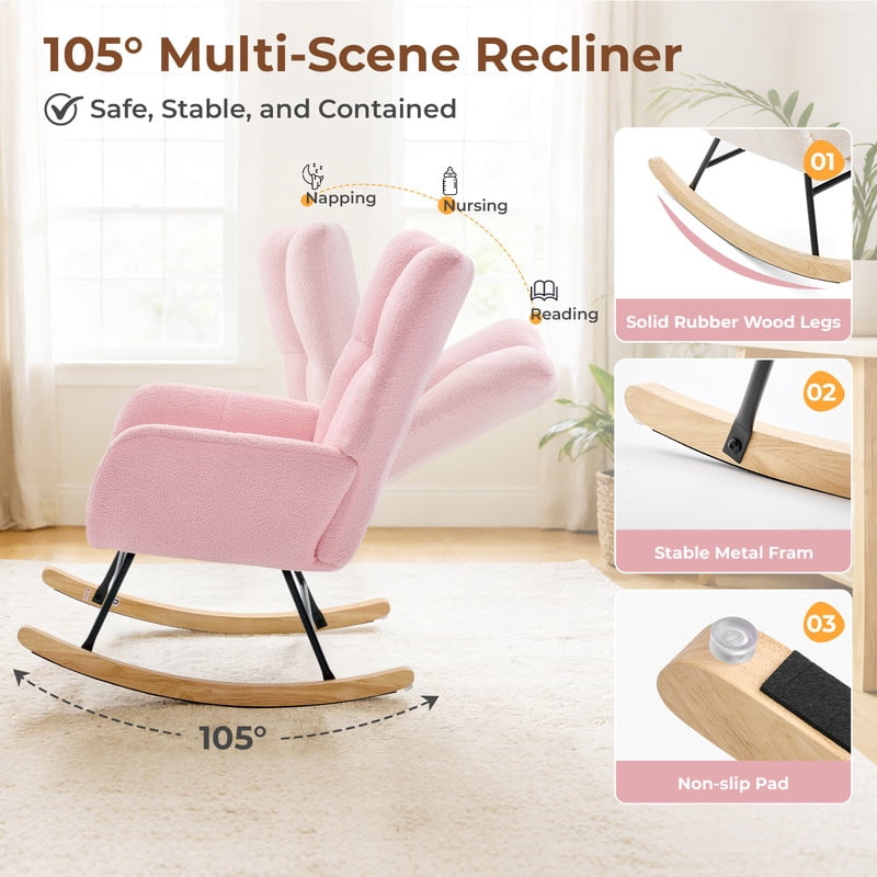 Gianna Rocking Chair with High Backrest, Teddy Upholstered Indoor Reading Glider Chair with Comfy Seat for Bedroom, Living Room, Pink
