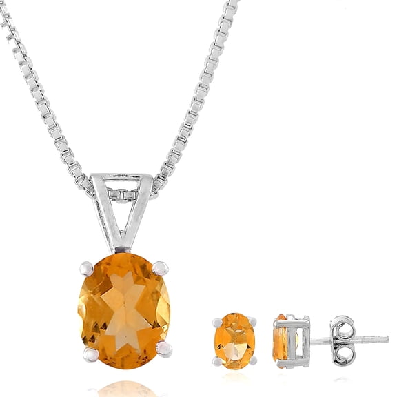 Femme Jam 925 Sterling Silver Natural Citrine Jewelry Set for Women – Oval Cut Citrine Pendant Necklace with Matching Stud Earrings, 18" Chain