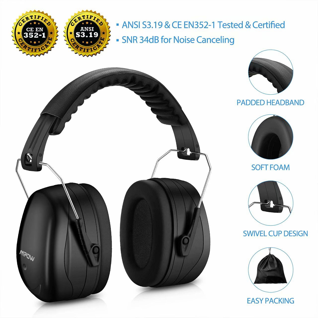 34dB Noise Cancelling Ear Muffs Hearing Protection Ear Defenders For Shooting US 