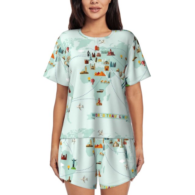 Fotbe World Travel Map Conjunto de Pijama Estampado para Mujer, 2 Piezas, Ropa de Dormir con Camiseta de Manga Corta y Shorts Suaves-X-Large