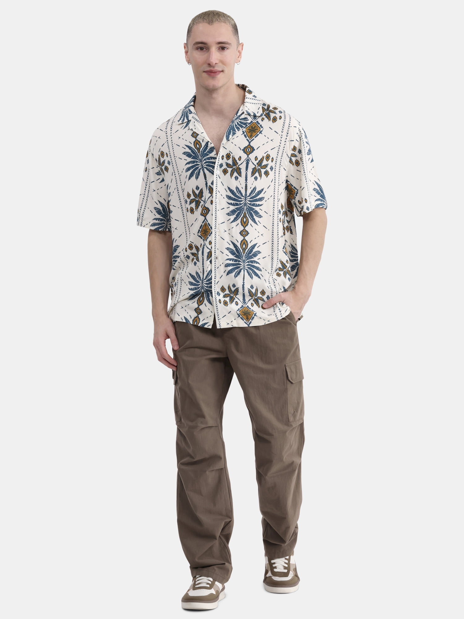 No Boundaries Men's & Big Men's Rayon Print Button Up Shirt with Short Sleeves, Sizes XS-5XL