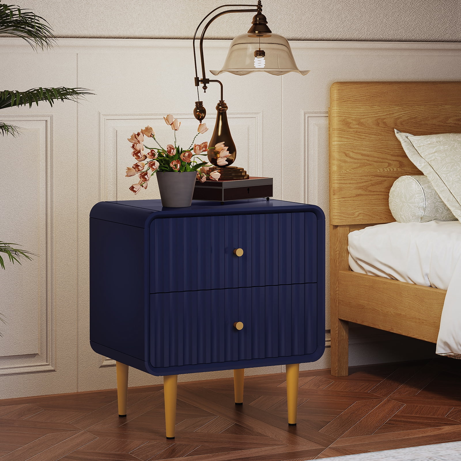 CBJCBJ 20" Modern Fluted Nightstand Set of 1, White Wood Bedside Table with 2 Drawers & Gold Metal Handles（BLUE)