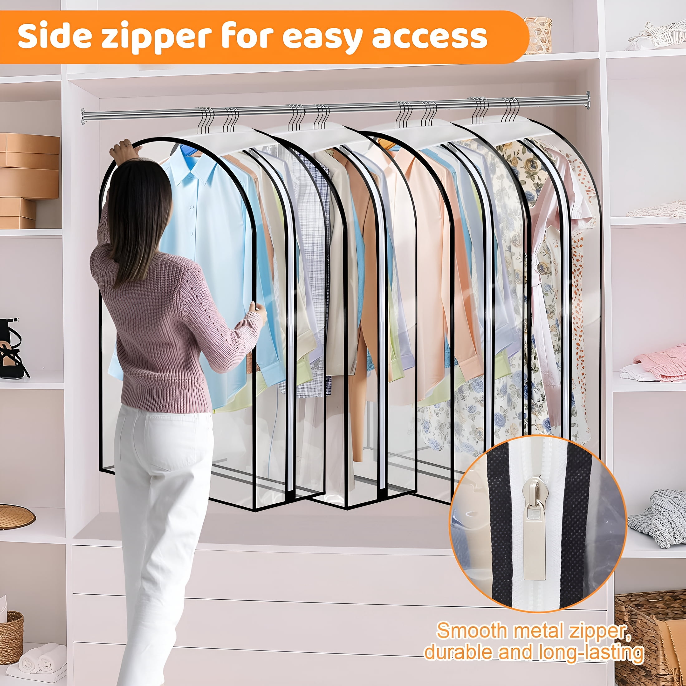 MISSMILE 4 Pack Full Clear Garment Bags with Side Zipper,40" Clothes Covers with 10" Gusset,Transparent Hanging Suit & Coat Covers for Closet Storage,Jackets,Dresses,Windbreakers