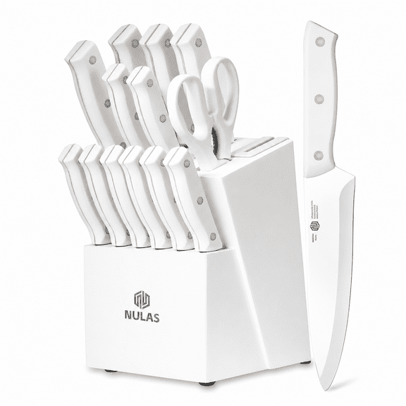 NULAS Knife Set, 14 Piece Kitchen Knife Set with Block Self Sharpening, Stainless Steel Dishwasher Safe, Anti-slip Handle, White